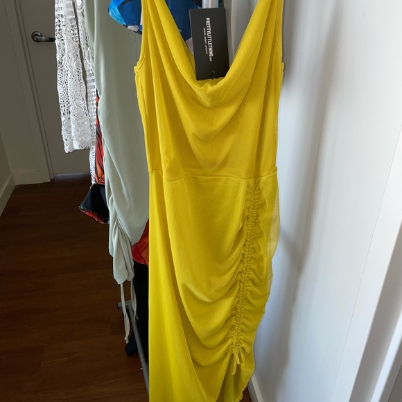 Chartreuse Mesh Strappy Cowl Neck Ruched Skirt Midi Dress - Picture 3 of 3